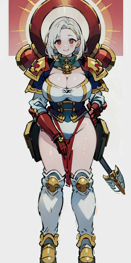 (masterpiece, best quality, 4k, 1girlsolo, 1MILF, mmplatz, smile, red cheeks, plain background:1.2), perfect face, perfect lighting, mature whsororitas with gloves red gauntlets in her hands like Cammy White from Street Fighter, bob white hair, warhammer 40k power armor suit, red eyes like rubies, full body armor, view from below, looking to the viewer