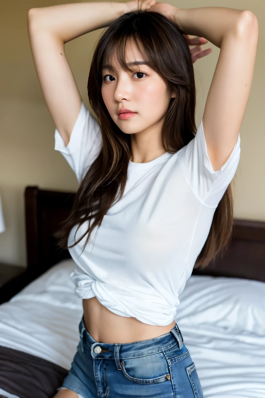 ((best quality)), ((masterpiece)), (detailed), perfect face, Long brown hair, bangs down, lying in bed, raised both arms, stretching, white shirt lifted, tight jeans, straight belly button