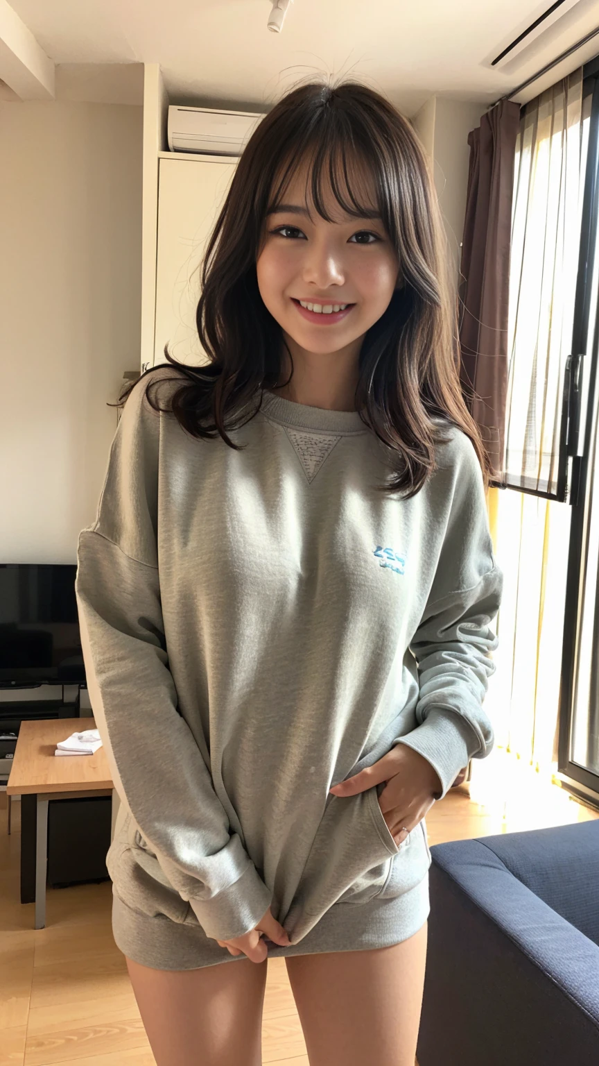 (((full bodyesbian)))、((A loose sweatshirt))、((1a person))、Standing、sunlight、Close to the subject、(((Cute apartment room for girls)))、(((ssmile)))、(((Thighs are exposed)))、((Extraordinary Beauty))、((kawaii pose))、Photorealsitic、Beautiful detailed eyes、Hyper-Realism、highcontrast、Ultra HD、realistic skin textures、Top image quality、top-quality、超A high resolution、Fine details、Very meticulously