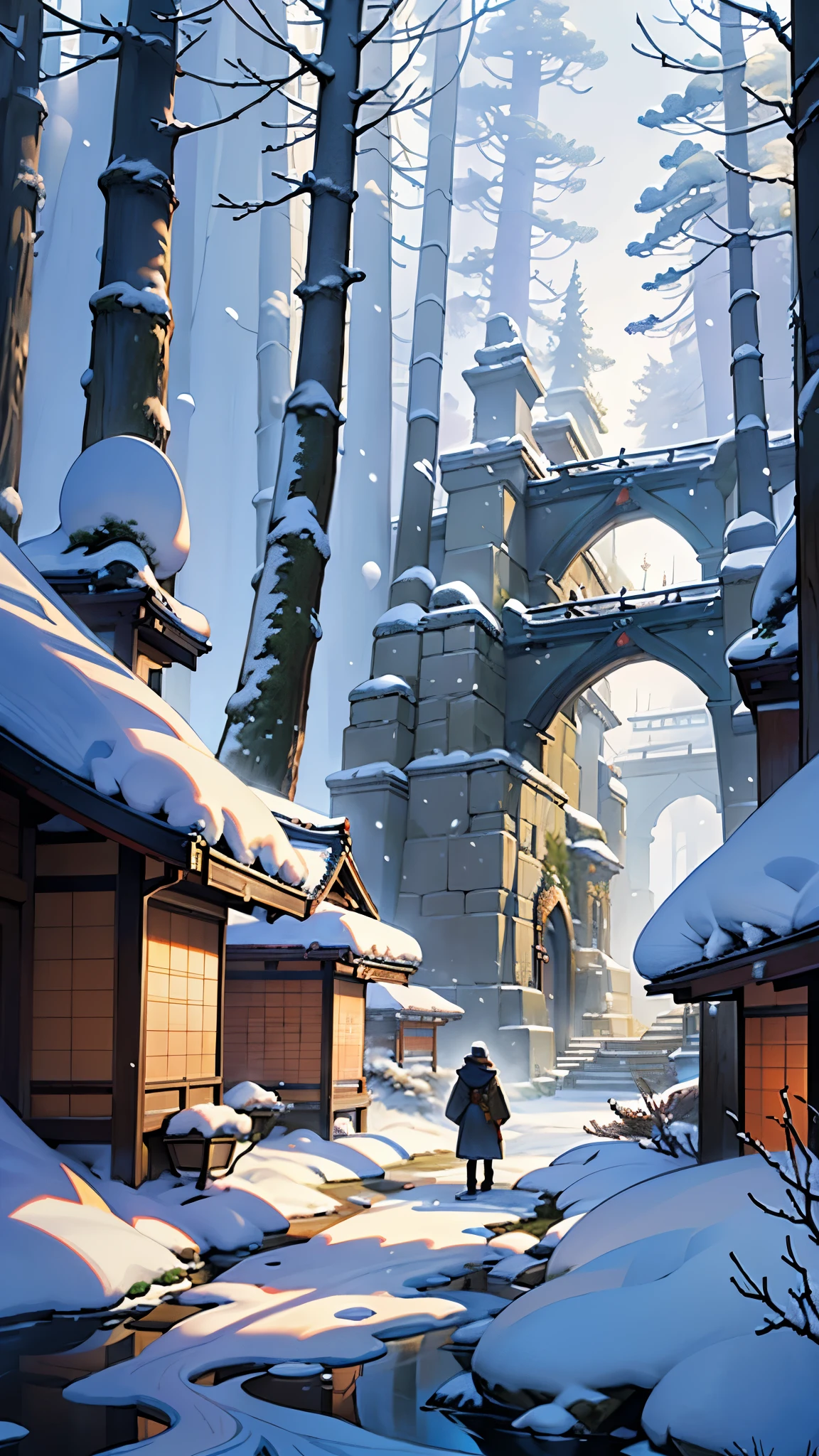 ((masterpiece)), ((best quality)), ((high detail)) digital painting of a fantasy garden in winter, with a dusting of snow on the trees and a lone figure admiring the serene landscape, no humans, fantasy winter, ukiyo-e style