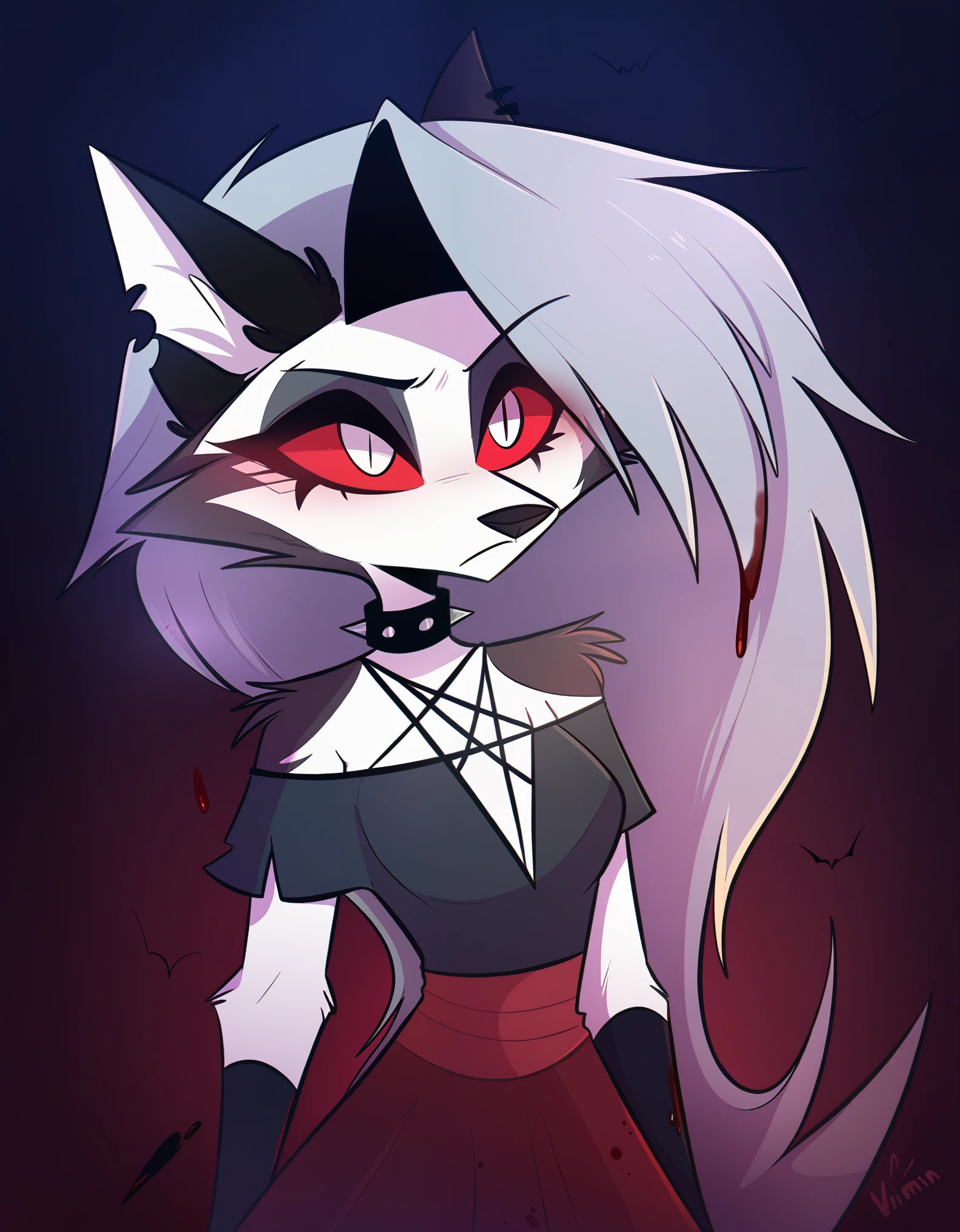 safe content, by vivzmind, mammal, canid, canid demon, demon, canine, monster, anthro, female, fur, solo, hair, white body, white fur, helluva boss, holidays, hellhound, loona, red sclera, dress, white eyes, braided hair, halloween, blood, official art, blood from eye