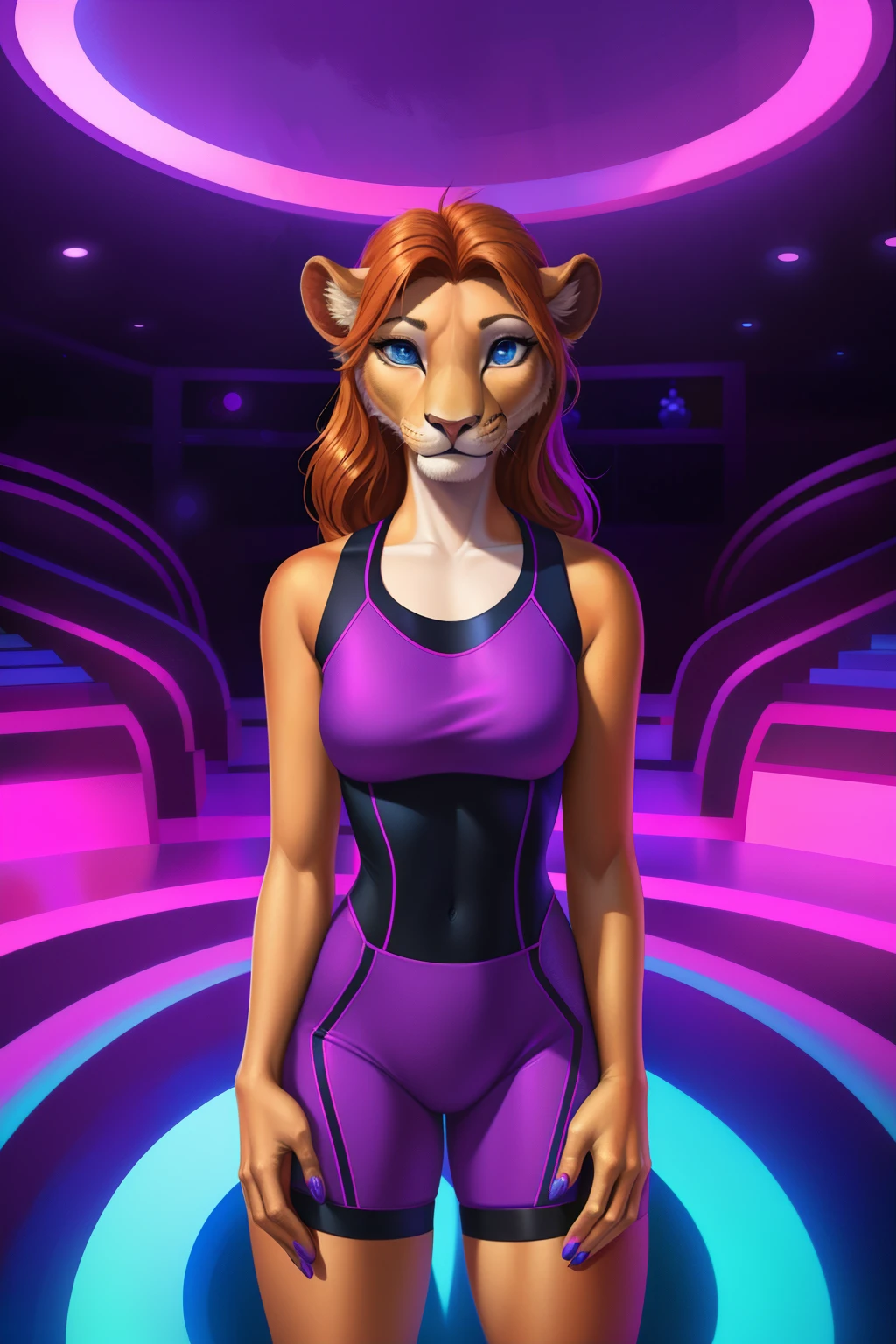 (best quality,4k,8k,highres,masterpiece:1.2),ultra-detailed,(realistic,photorealistic,photo-realistic:1.37),android housewife, lioness anthro, beautiful detailed eyes, beautiful detailed lips, extremely detailed eyes and face, longeyelashes,purple sportswear, glowing blue eyes, mind-controlled, hypnotized, dazed, 3D Disney style, vivid colors, sharp focus, studio lighting