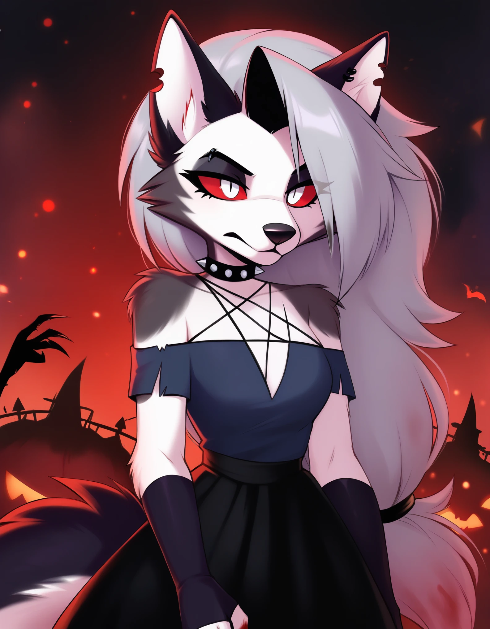 safe content, by vivzmind, mammal, canid, canid demon, demon, canine, monster, anthro, female, fur, solo, hair, white body, white fur, helluva boss, holidays, hellhound, loona, red sclera, dress, white eyes, braided hair, halloween, blood, official art, blood from eye