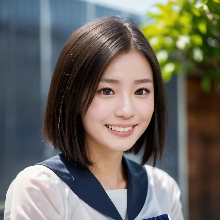 (kawaii 24 year-old Japanese girl, Nogizaka idol, Korean idol), (glossy black hair, very short hair, forehead:1.3), (deep black eyes, rounded face, single eyelid, no makeup, laughing:1.2), (wearing Japanese highschool uniforms, dark blue sailor suits, serafuku:1.3), (extra small breasts:0.9), (looking at away out of frame:1.3), BREAK, (at simple outside background, summer daytime:1.3), (profile, dynamic angle, bust shot:1.3), BREAK, (masterpiece, best quality, photo realistic, official art:1.4), (UHD, 8K quality wallpaper, high resolution, raw photo, golden ratio:1.3), (shiny skin), professional lighting, physically based rendering, award winning, (highly detailed skin, extremely detailed face and eyes), Carl Zeiss 85 mm F/1.4, depth of field, 1girl, solo,