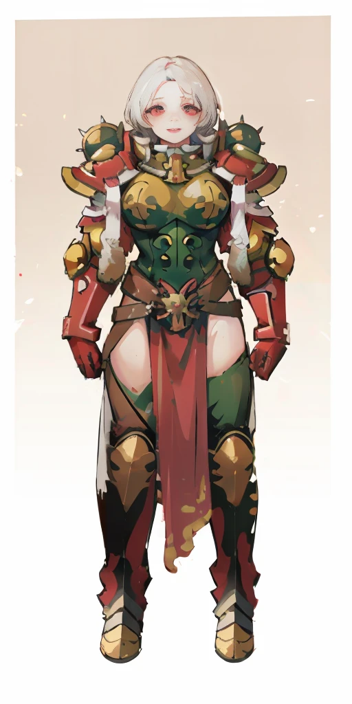 (masterpiece, best quality, 4k, 1girlsolo, 1MILF, mmplatz, smile, red cheeks, plain background:1.2), perfect face, perfect lighting, mature whsororitas with gloves red gauntlets in her hands like Cammy White from Street Fighter, bob white hair, warhammer 40k power armor suit, red eyes like rubies, full body armor, view from below, looking to the viewer