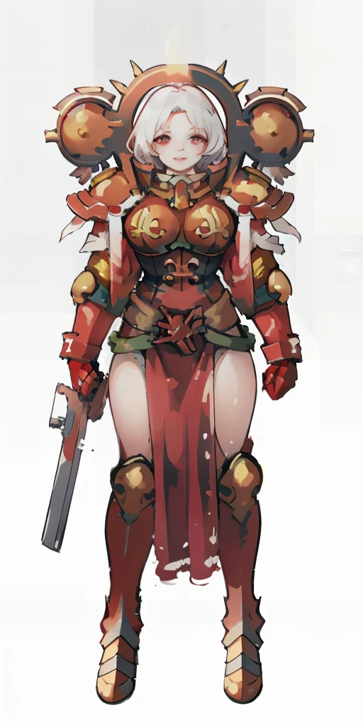 (masterpiece, best quality, 4k, 1girlsolo, 1MILF, mmplatz, smile, red cheeks, plain background:1.2), perfect face, perfect lighting, mature whsororitas with gloves red gauntlets in her hands like Cammy White from Street Fighter, bob white hair, warhammer 40k power armor suit, red eyes like rubies, full body armor, view from below, looking to the viewer