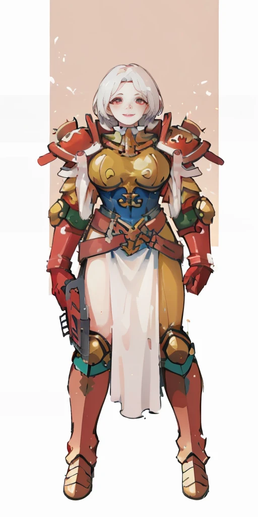 (masterpiece, best quality, 4k, 1girlsolo, 1MILF, mmplatz, smile, red cheeks, plain background:1.2), perfect face, perfect lighting, mature whsororitas with gloves red gauntlets in her hands like Cammy White from Street Fighter, bob white hair, warhammer 40k power armor suit, red eyes like rubies, full body armor, view from below, looking to the viewer