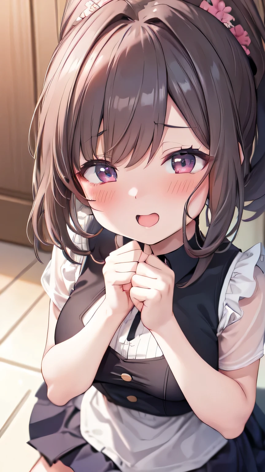1girl, pov, cupping hands, open mouth, teeth, uvula,lower teeth, upper teeth, realistic teeth, close-up,violet, blue eyes, blonde hair, ribbon, hair between eyes, jewelry,,looking at viewer,shy,closed 1eye,cum on hair,frown,vomit cum,