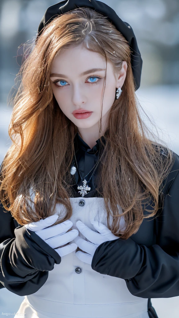 1 miniature Beautiful beautiful woman - Yuan Sayuki, ((top quality, 8K, Masterpiece:1.retty woman, 1 woman, huge breasts:1.3, a slim body:1.1, lush GINGER long hair with 2 buns, (shower, wet body, wet clothes:1.1), very detailed face, detailed lips, detailed eyes, double eyelids, Detailed blue eyes, чрезвычайно Detailed Outstanding Blue Eyes, long GINGER wet hair, GINGER wet hair, Detailed Outstanding Blue Eyes, innocent look at the viewer, very wet wavy white hair, Detailed Outstanding Blue Eyes, huge cross earrings, Outdoors, badges behind, gothic maid uniform,  sexy maid dress, bare chest, huge chest tattoo, detailed huge catholic cross earrings, chest tattoo, Outside, wear a silver cross (Detailed cross shape), reality mode, wet breasts, black necklace, human crowd behind, black latex gloves, hair of white snowy colour, night time, red neon lights, demonic nun, nimbus (golden lighting ring above her head), angel, snowy weather, sexy pose, white lingerie, black maid dress, detailed flower wreath made of different colours, open chest