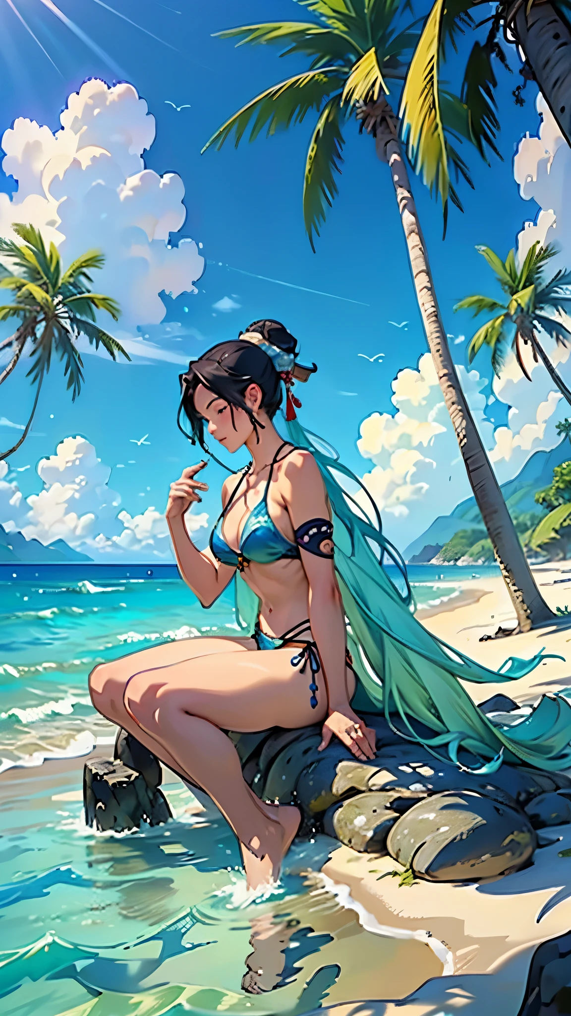 ((masterpiece)), ((best quality)), ((high detail)) digital painting of a tranquil fantasy beach scene, no humans, with crystal-clear waters, swaying palm trees, and mythical sea creatures, fantasy summer beach, ukiyo-e style