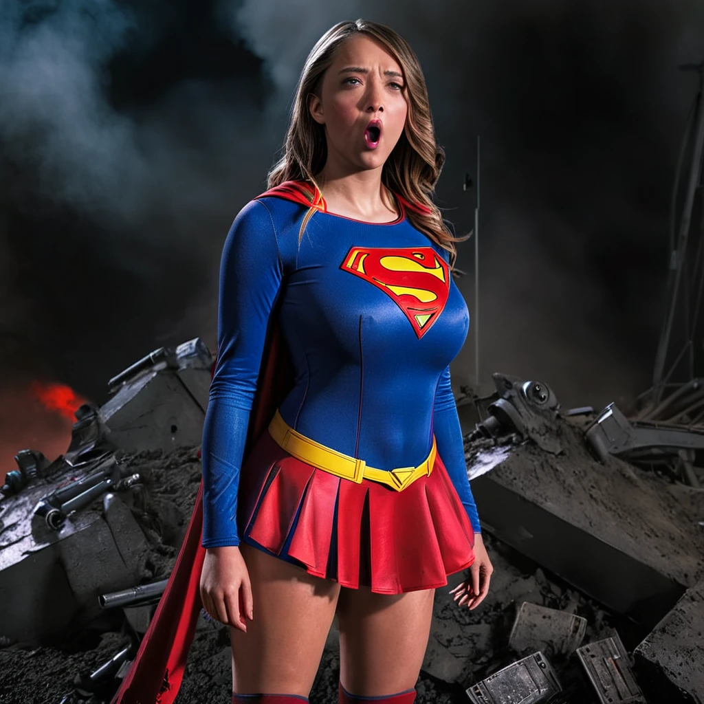 (best quality,4k,highres,masterpiece:1.2),ultra-detailed,realistic,portraits,vivid colors,dramatic lighting,Supergirl,annoyed,tattered uniform,ragged uniform,smoking crater,offended,shocked,alien robot gorilla,rocket (full body shot, show her entire body, head to toe) Please make sure your output is separated by commas.","Separated。The following is an example for reference： ``` (best quality,4k,highres,masterpiece:1.2),ultra-detailed,realistic,portraits,vivid colors,dramatic lighting,Supergirl,annoyed,tattered uniform,ragged uniform,smoking crater,offended,shocked,alien robot gorilla,rocket (full body shot, show her entire body, head to toe)