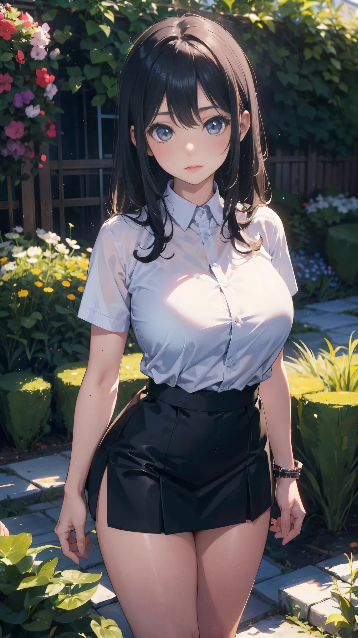 illustration:A girl,25 years old,Wear a white shirt,Sexy thighs,Black hip skirt,Black hair、Shy girl,Look at the camera,Big breasts,Adult female,You can see her whole body,In the Garden