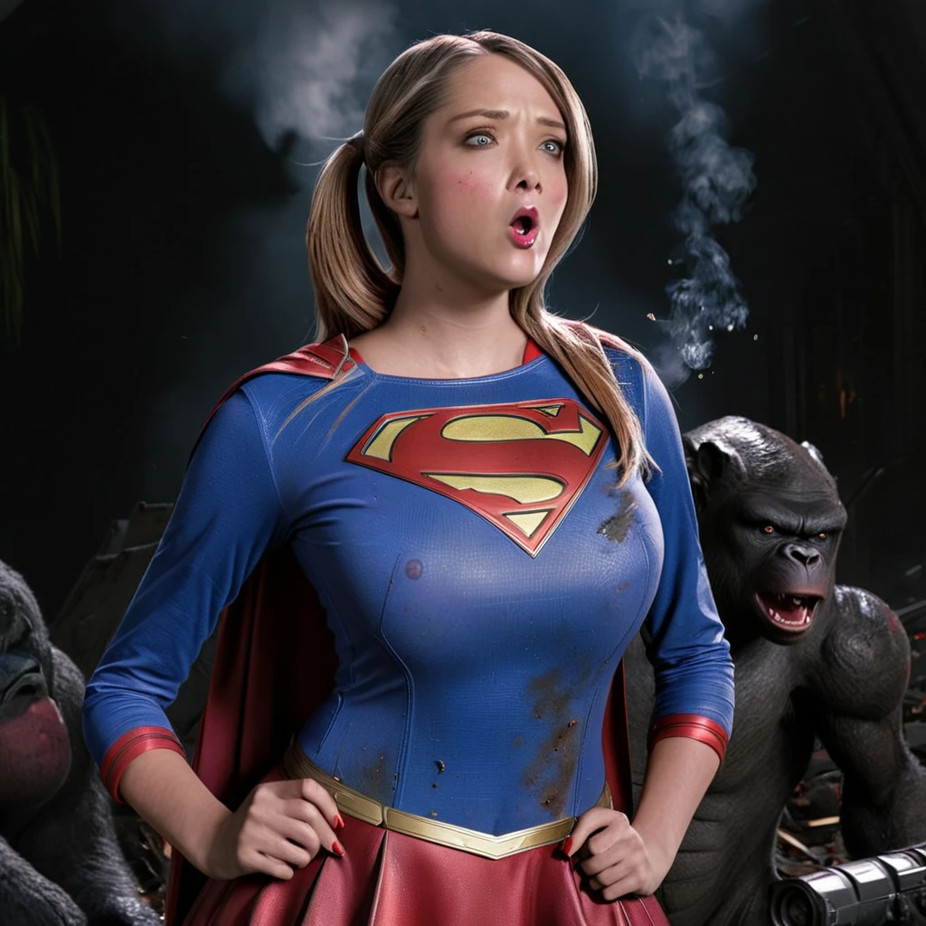 (best quality,4k,highres,masterpiece:1.2),ultra-detailed,realistic,portraits,vivid colors,dramatic lighting,Supergirl,annoyed,tattered uniform,ragged uniform,smoking crater,offended,shocked,alien robot gorilla,rocket Please make sure your output is separated by commas","Separated。The following is an example for reference：

```
(best quality,4k,highres,masterpiece:1.2),ultra-detailed,realistic,portraits,vivid colors,dramatic lighting,Supergirl,annoyed,tattered uniform,ragged uniform,smoking crater,offended,shocked,alien robot gorilla,rocket
```