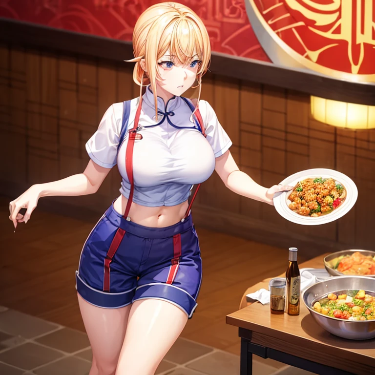 A blonde girl eating mapo tofu at a Chinese restaurant　Wearing sneakers　High leg shorts with suspenders　Large Breasts　Showing her belly button　Ultra low rise　Knee-high socks　　No underwear　Belt on chest