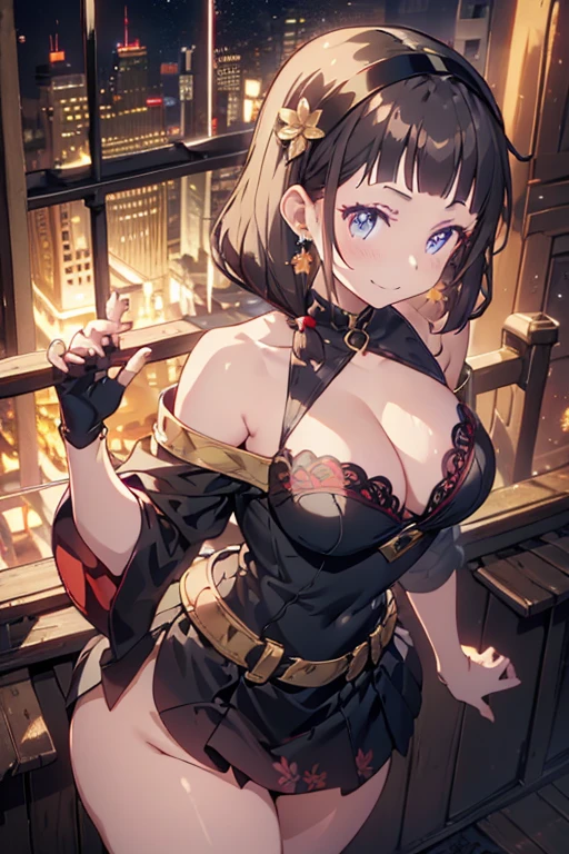 Anime style beutiful woman, 1girl,fullbody, happy, (with sparkling eyes and a contagious smile:1.2), red face, closed mouth, beautiful detailed eyes, super detailed skin, backlighting, bare shoulders, black background, black dress, black gloves, black hair, breasts, dress, earrings, fingerless gloves, floating hair, floral print, flower, gloves, gold earrings, gold hairband, hair flower, hair ornament, hairband, holding, holding weapon, jewelry, large breasts, long hair, looking at viewer, off-shoulder dress, off shoulder,red eyes, short hair with long locks, sidelocks, solo, spikes, thighs, two-sided dress, two-sided fabric, weapon, fighting stance , face, close up, from above, highest quality, high resolution,Real World, Natural light,perfect Natural light,looking at viewer,