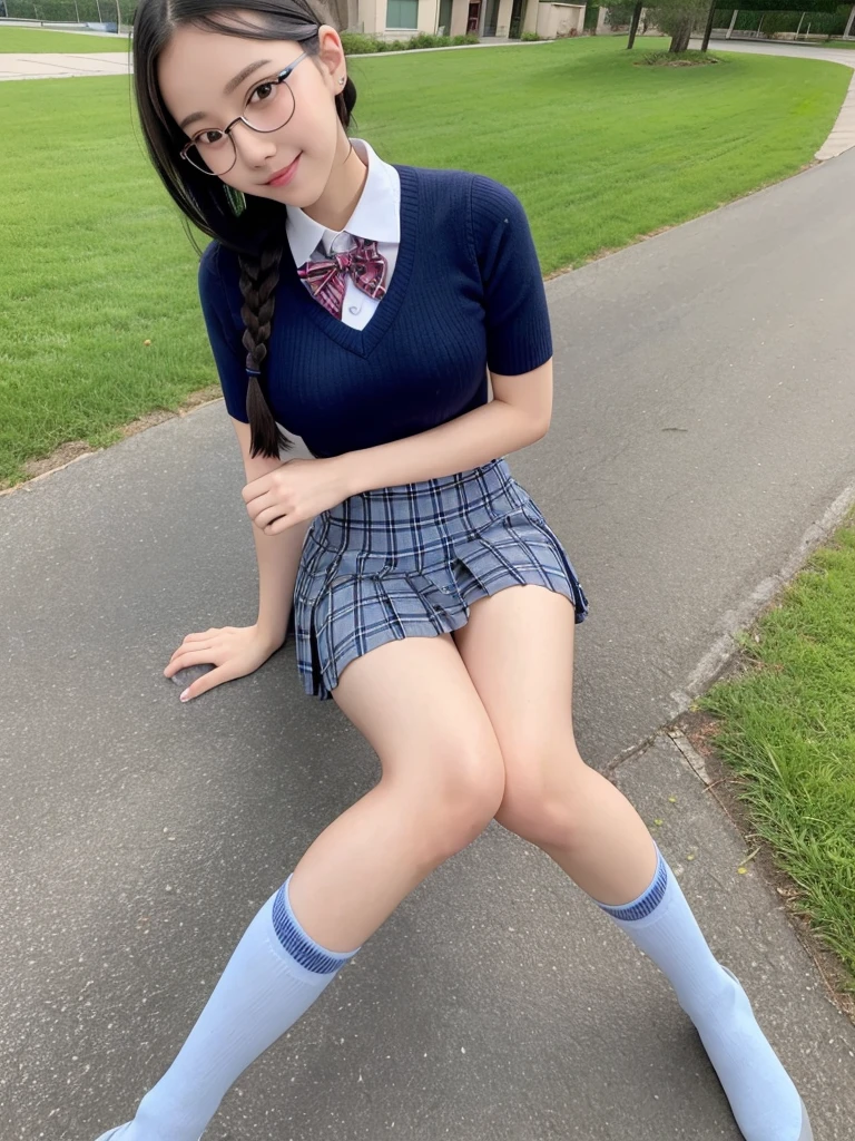 (highest quality),(High resolution),(8K),high school girl,The whole body is shown,Large Breasts,Long, slender legs,Beautiful feet,Slender,Narrow waist,Black Hair,Small Face,Braid,Glasses,cute,smile,Red bow tie,Light blue tight shirt,A shirt that accentuates the shape of the chest,Navy and blue checked short pleated skirt,mini skirt,Thigh-high socks