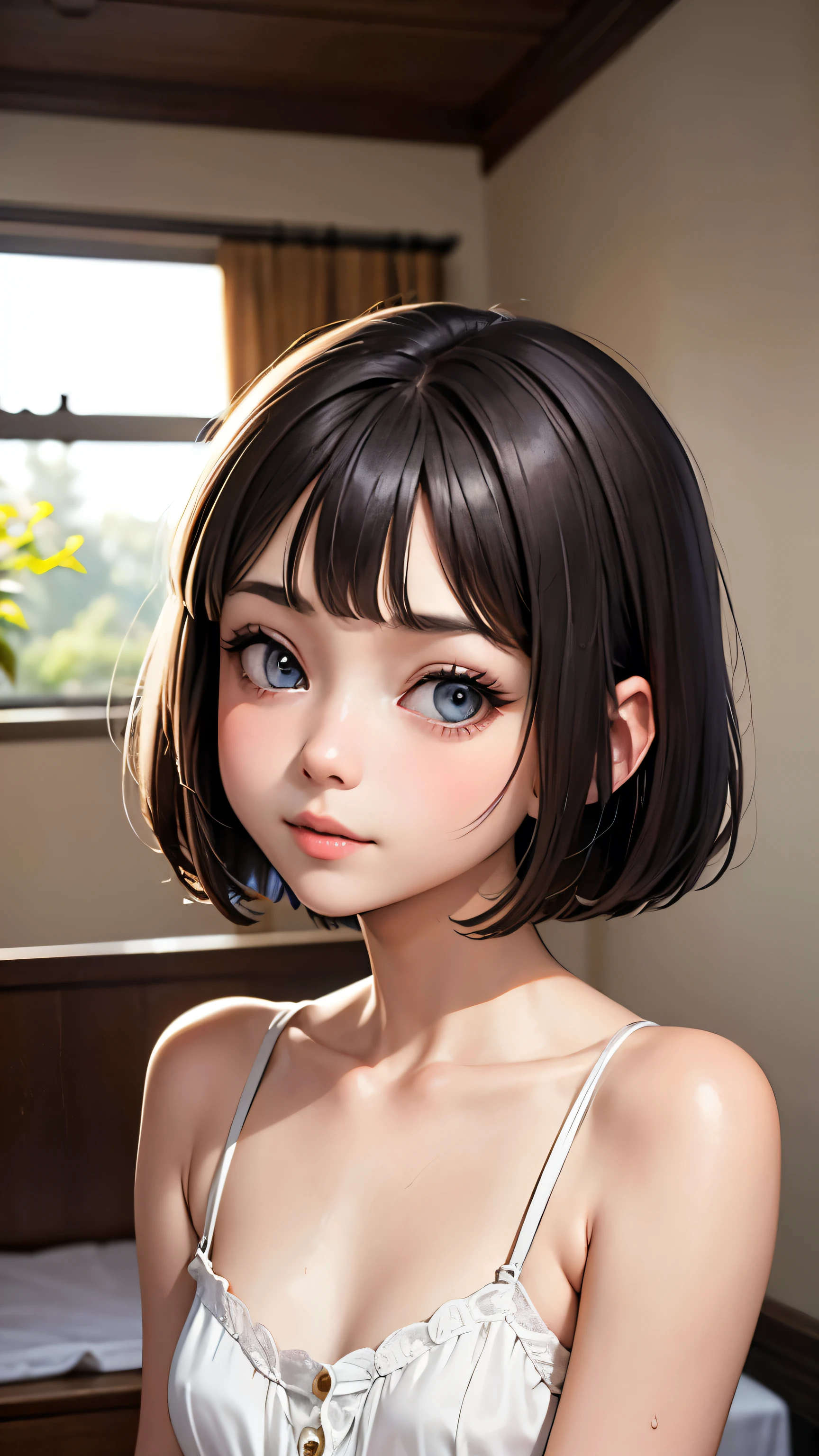 short hairと白のシャツ, short hair, Short hair with bangs, Woman with pretty face, Cute little face in a portrait, French Bob, White skin!!, Short brown hair and big eyes, Soft Portrait Shot 8k, Beautiful light、Big eyes, Beautiful girl, Young girl with bob cut, Full Shot,Best image quality, Tabletop, Leonardo da Vinci's Notebooks Da Vinci, Leonardo da Vinci's manuscript in the background,Swimwear,Thin legs