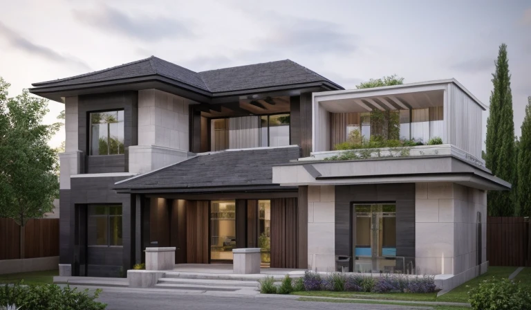 (masterpiece),(high quality), best quality, real,(realistic), super detailed, (full detail),(4k),8k,modern house exterior design,Modern architecture,Sandstone,whitewall,Beautiful_sky,Day light, no_humans, outdoors,sky,tree,Garden flower front of building,