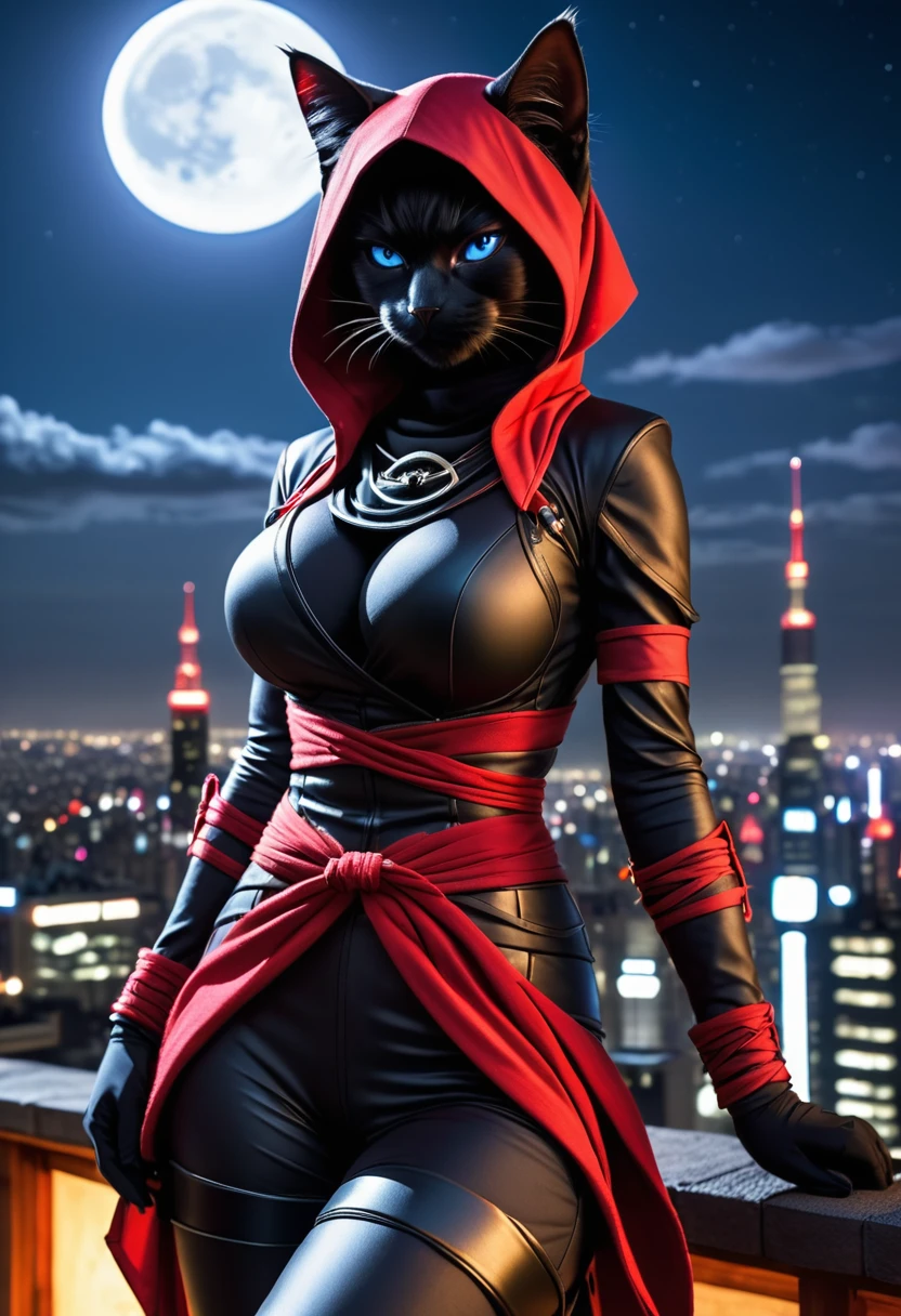 anthropomorphic female black cat ninja, cleavage, (black fur), sexy, ninja big cat, assassin, mk ninja, ninja outfit, ninja, mystic ninja, blue eyes, portrait shot, goth ninja, epic ninja suit, matte black cloth ninja suit, red accents, dramatic pose, on temple rooftops, in the moonlight, view from below looking up, ((photorealistic)) , high quality photography, uhd,