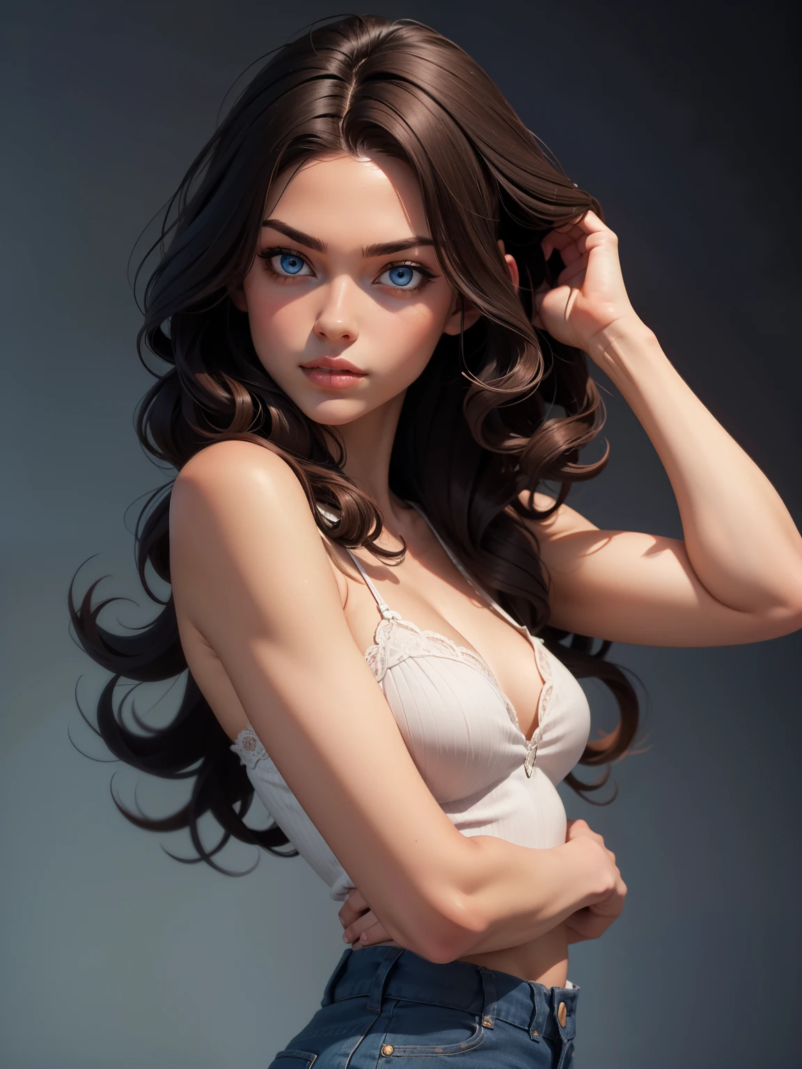  beautiful posing model, curly dark hair, dark blue eyes --ar 16:9 -