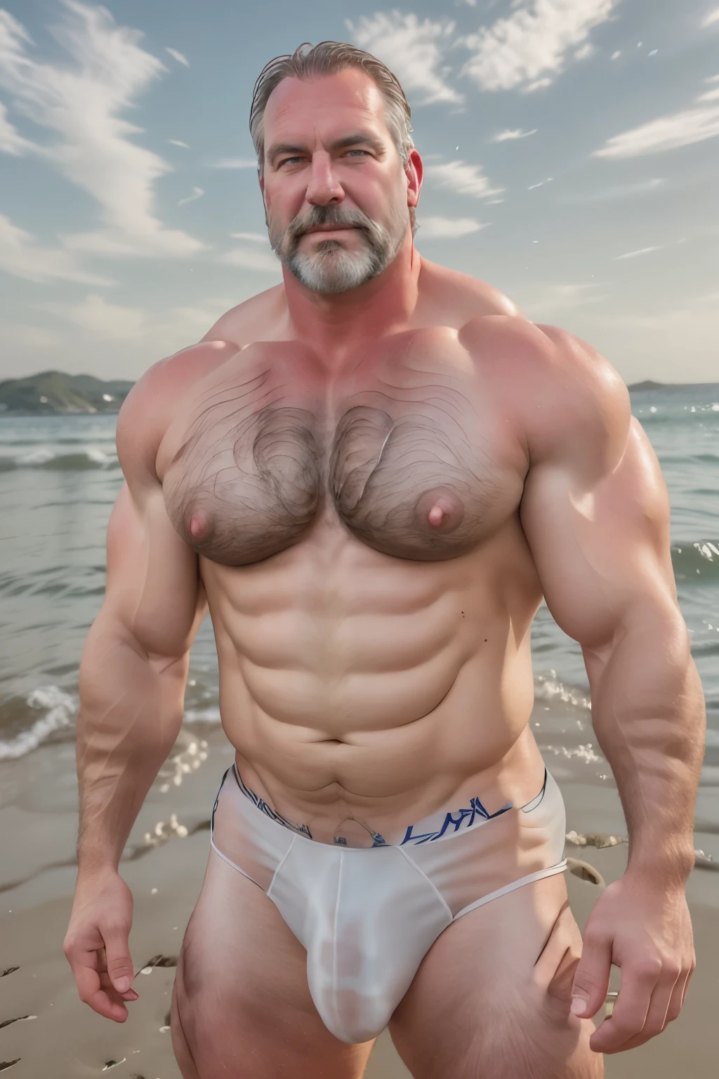 (handsome man), (50 yo), white man, wearing a thong, wet thong, see-through thong, on a beach, sundown, (beefy:1.3), beard, looking at viewer, beautiful man, detailed eyes, symmetric face, smirk, robust, greying hair, mustache, smile, sun going down, golden light, full body visible, long gray hair, full body in frame, nice bulge, nicebulge, warm light, muscular thighs, flip-f,