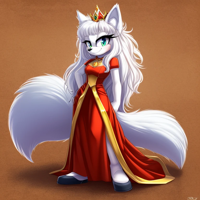 (score_9, score_8_up, 2d), Russian tsarina, polar wolf mobian, female mobian, sonic_(series), tsarina crown, russian, (russian golden royal dress, long skirt dress, round dress), (medium breasts:0.7), ((thin, white muzzle)), ((white hair, long hair, ((white fur, white body, fluffy fur)))), (fluffy hair, fluffy tail, (large tail)), smile, beautiful, cute, dominant, solo, upper body.