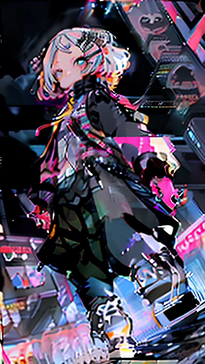 1female\(cute,kawaii,small kid,short hair,hair color neon,hair clip,eye color cosmic,big eyes,pale skin,extremy white skin,glossy body,futuristic costume,(show stomach:0.5),(full body:1.5),dynamic pose\),background\(at noisy city,neon lights,outside,night\), BREAK ,quality\(8k,wallpaper of extremely detailed CG unit, ​masterpiece,hight resolution,top-quality,top-quality real texture skin,hyper realisitic,increase the resolution,RAW photos,best qualtiy,highly detailed,the wallpaper,cinematic lighting,ray trace,golden ratio\),(dynamic angle:1.5),from below