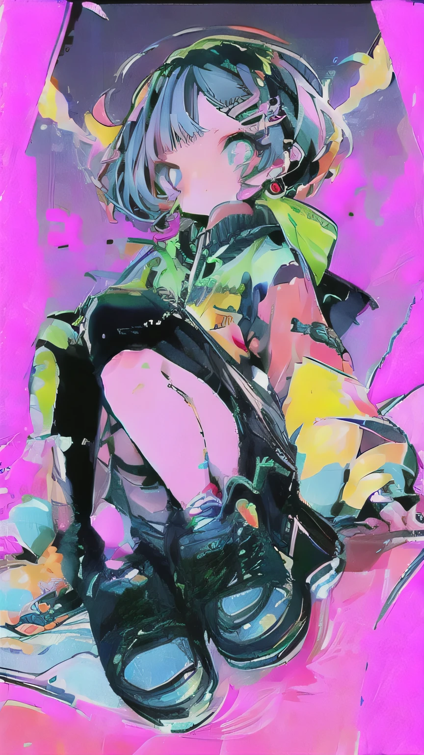 1female\(cute,kawaii,short hair,hair color neon,hair clip,eye color cosmic,big eyes,pale skin,extremy white skin,glossy body,futuristic costume,(show stomach:0.5),(full body:1.5),dynamic pose\),background\(at noisy city,neon lights,outside,night\), BREAK ,quality\(8k,wallpaper of extremely detailed CG unit, ​masterpiece,hight resolution,top-quality,top-quality real texture skin,hyper realisitic,increase the resolution,RAW photos,best qualtiy,highly detailed,the wallpaper,cinematic lighting,ray trace,golden ratio\),(dynamic angle:1.5),from below
