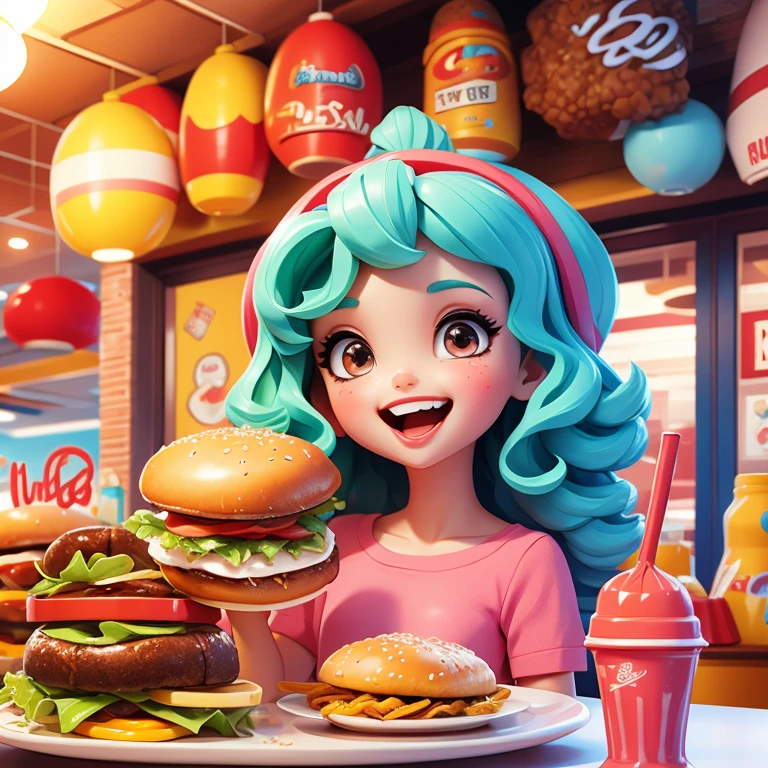 Curly hair and her eating a hamburger and milkshake 
