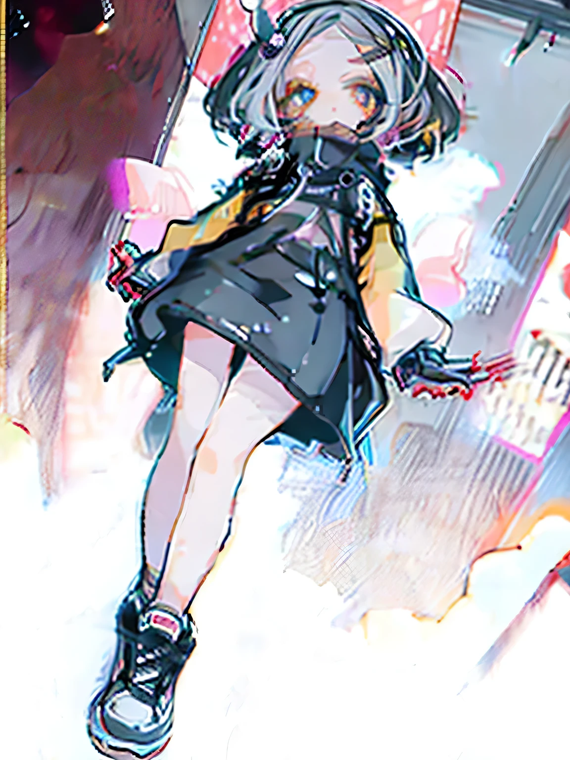 1female\(cute,kawaii,short hair,hair color neon,hair clip,eye color cosmic,big eyes,pale skin,extremy white skin,glossy body,futuristic costume,(show stomach:0.5),(full body:1.5),dynamic pose\),background\(at noisy city,neon lights,outside,night,skyscraper\), BREAK ,quality\(8k,wallpaper of extremely detailed CG unit, ​masterpiece,hight resolution,top-quality,top-quality real texture skin,hyper realisitic,increase the resolution,RAW photos,best qualtiy,highly detailed,the wallpaper,cinematic lighting,ray trace,golden ratio\),(dynamic angle:1.5),from below