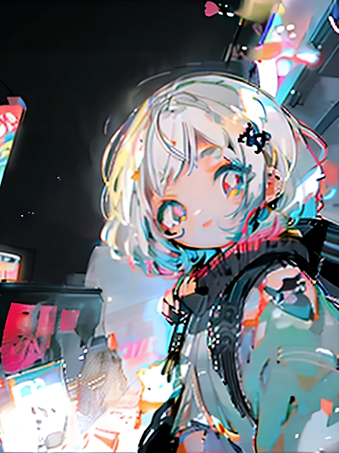 1female\(cute,kawaii,short hair,hair color neon,hair clip,eye color cosmic,big eyes,pale skin,extremy white skin,glossy body,futuristic costume,stomach open,droopy eyes,close up face,dynamic pose,smile\),background\(at noisy city,neon lights,outside,night,skyscraper\), BREAK ,quality\(8k,wallpaper of extremely detailed CG unit, ​masterpiece,hight resolution,top-quality,top-quality real texture skin,hyper realisitic,increase the resolution,RAW photos,best qualtiy,highly detailed,the wallpaper,cinematic lighting,ray trace,golden ratio\),(dynamic angle:1.5)