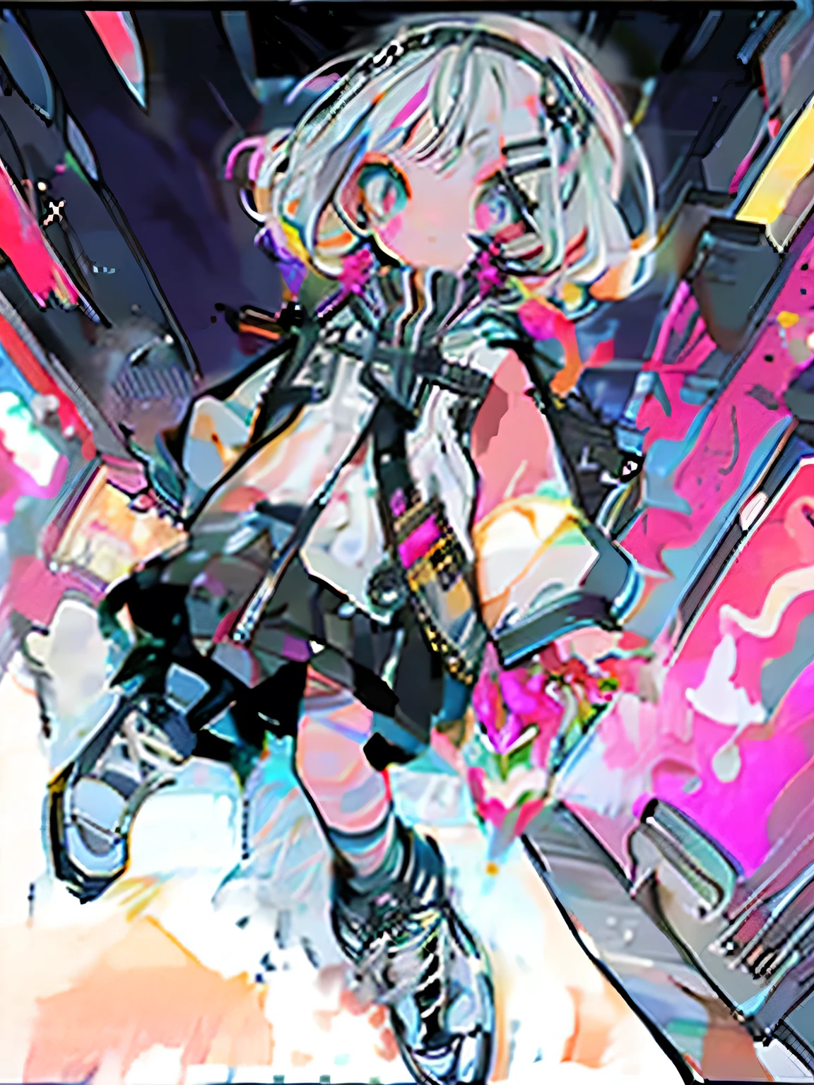 1female\(cute,kawaii,short hair,hair color neon,hair clip,eye color cosmic,big eyes,pale skin,extremy white skin,glossy body,futuristic costume,(full body:1.5),droopy eyes,dynamic pose,smile\),background\(graffiti art,at noisy city,neon lights,outside,night,skyscraper\), BREAK ,quality\(8k,wallpaper of extremely detailed CG unit, ​masterpiece,hight resolution,top-quality,top-quality real texture skin,hyper realisitic,increase the resolution,RAW photos,best qualtiy,highly detailed,the wallpaper,cinematic lighting,ray trace,golden ratio\),(dynamic angle:1.5)