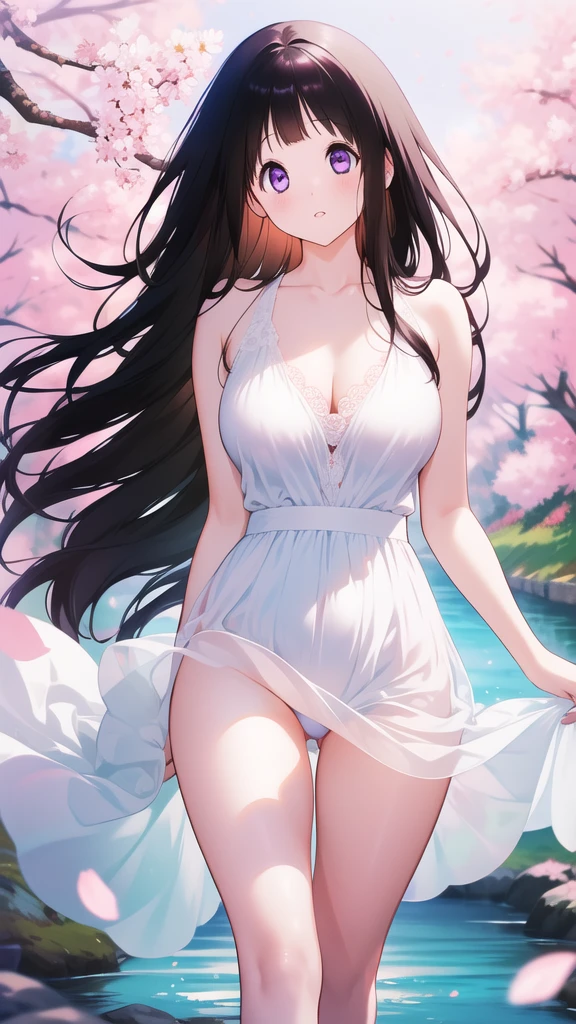 Amazing Chitanda, There is only one beautiful girl,Purple Eyes, Black Hair, Very red face,Very white skin,Glowing skin,Naturally straight hair, Straight bangs,Extremely refined,Open lips,Long flowing hair,Beautiful Girl, Like a dream,Slim,Slim waist,Soft, (Sensual), (Kawaii), Dream quality,Beautiful big breasts,White transparent dress,White skirt,Transparent skirt,The clothes are completely transparent,Deep V neckline,Loose neckline,By the River,Wind blows up skirt,Hands lift skirt,Flying Butterflies,Butterfly on breast,Cherry blossoms,Showing breasts,Show your buttocks,Show your thighs,Showing collarbone,Show your neck,Exposing the groin,No pants,extremely shy,Ultra-high resolution, (masterpiece:1.2, best quality), (Delicate and beautiful eyes: 1.2), (Beautiful and delicate face)