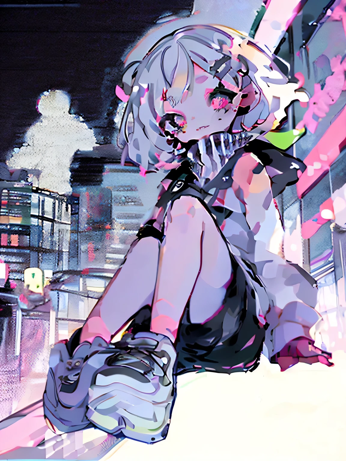 1female\(cute,kawaii,small kid,short hair,hair color neon,hair clip,eye color cosmic,big eyes,pale skin,extremy white skin,glossy body,futuristic costume,(full body:1.5),droopy eyes,smile\),background\(graffiti art,at noisy city,neon lights,outside,night,skyscraper\), BREAK 