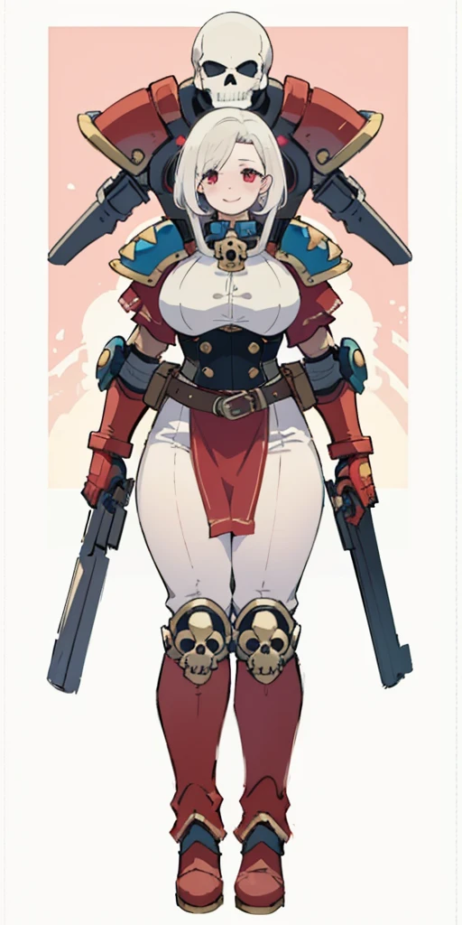 (masterpiece, best quality, 4k, 1girlsolo, 1MILF, mmplatz, smile, red cheeks, plain background:1.2), perfect face, perfect lighting, mature whsororitas with gloves red gauntlets in her hands like Cammy White from Street Fighter, bob white hair, warhammer 40k power armor suit, red eyes like rubies, full body armor, view from below, looking to the viewer, arms to the sides, military boots, silver skull big belt wide hips, 2 long legs