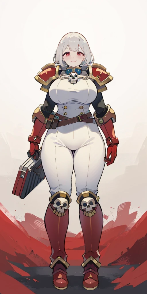 (masterpiece, best quality, 4k, 1girlsolo, 1MILF, mmplatz, smile, red cheeks, plain background:1.2), perfect face, perfect lighting, mature whsororitas with gloves red gauntlets in her hands like Cammy White from Street Fighter, bob white hair, warhammer 40k power armor suit, red eyes like rubies, full body armor, view from below, looking to the viewer, arms to the sides, military boots, silver skull big belt wide hips, 2 long legs