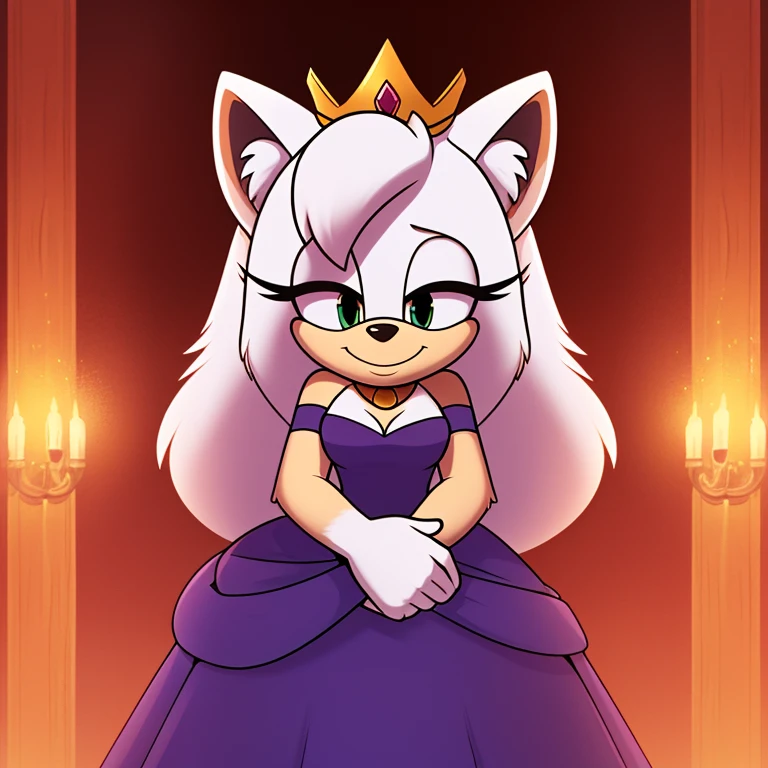 (score_9, score_8_up, 2d), Russian tsarina, polar wolf mobian, female mobian, sonic_(series), tsarina crown, russian, (russian golden royal dress, long skirt dress, round dress), (medium breasts:0.7), ((thin, white muzzle)), ((white hair, long hair, ((white fur, white body, fluffy fur)))), (fluffy hair, fluffy tail, (large tail)), smile, beautiful, cute, dominant, solo, upper body.