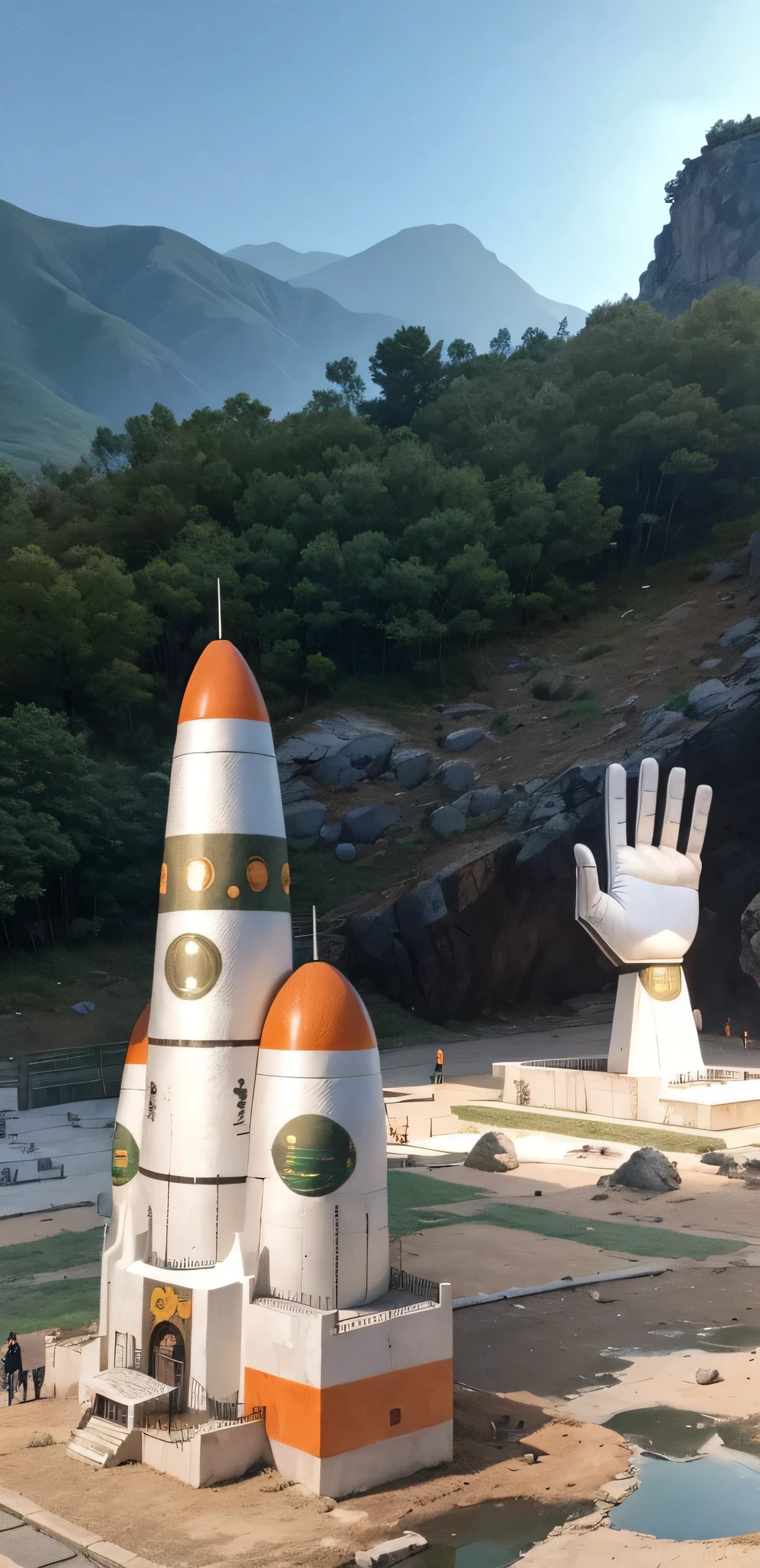 outdoor space of Mount Wutai, there is an artistic installation of two giant hands building a rocket model, white color blocks with orange, green mountain