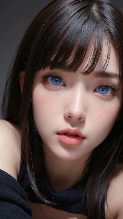 masterpiece, best quality, ultra-detailed, intricately detailed hyperdetailed, realistic, sharp features, highly detailed, sharp focus, perfect face, perfect face, perfect symmetrically perfect eyes, perfect full lips, flexible female form, cinematic, film light, hyper detailed, hyper realistic, high resolution, vibrant, dynamic studio lighting, nsfw, ((Dark background)), Sexy face, Facial expressions when receiving pleasure, straight Bangs, Big breasts, Exposed cleavage, blue Eyes,black sweater, cowboy shot,