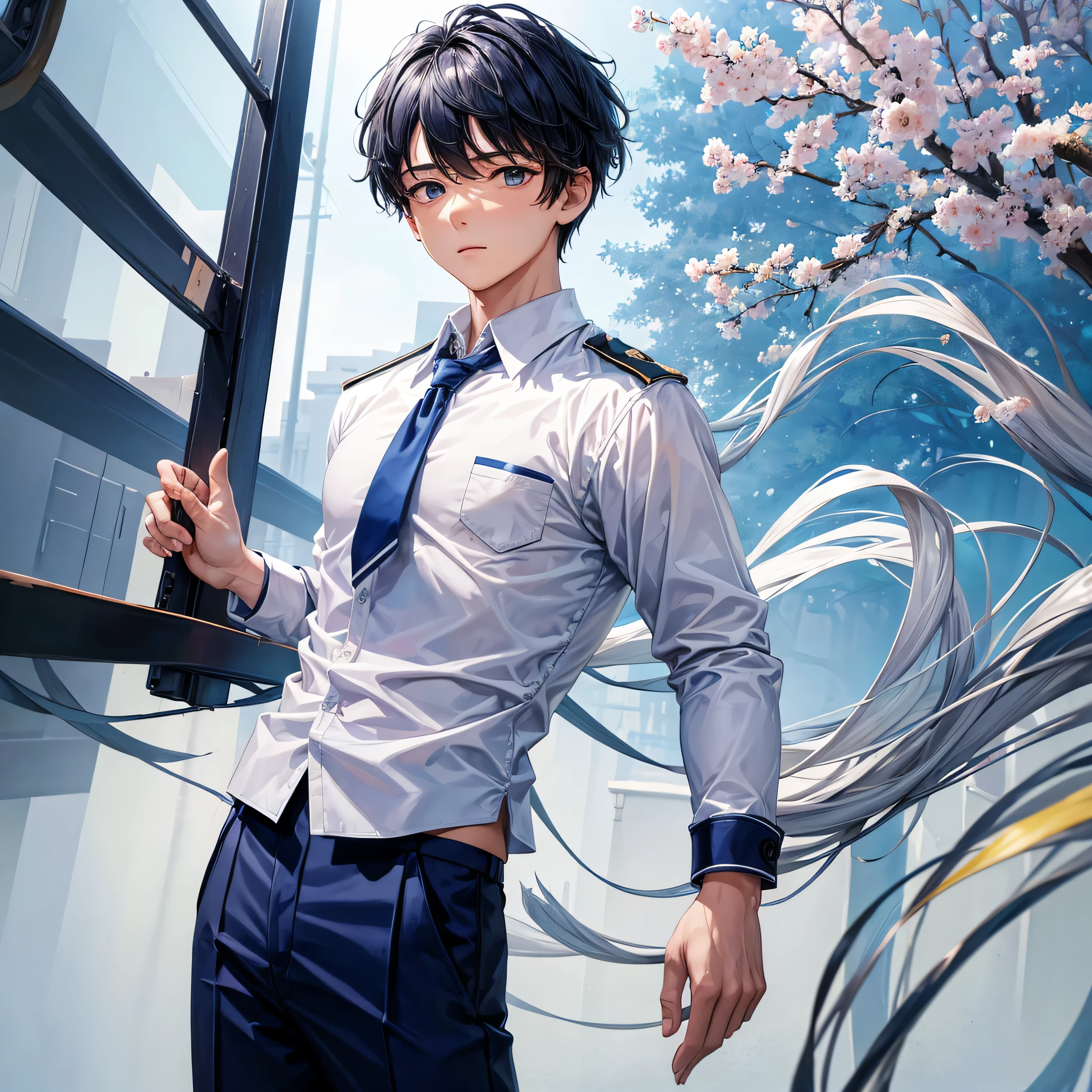 A ultrahigh quality, 8k a ager boy with school dress of white shirt and navy blue pant with spring background