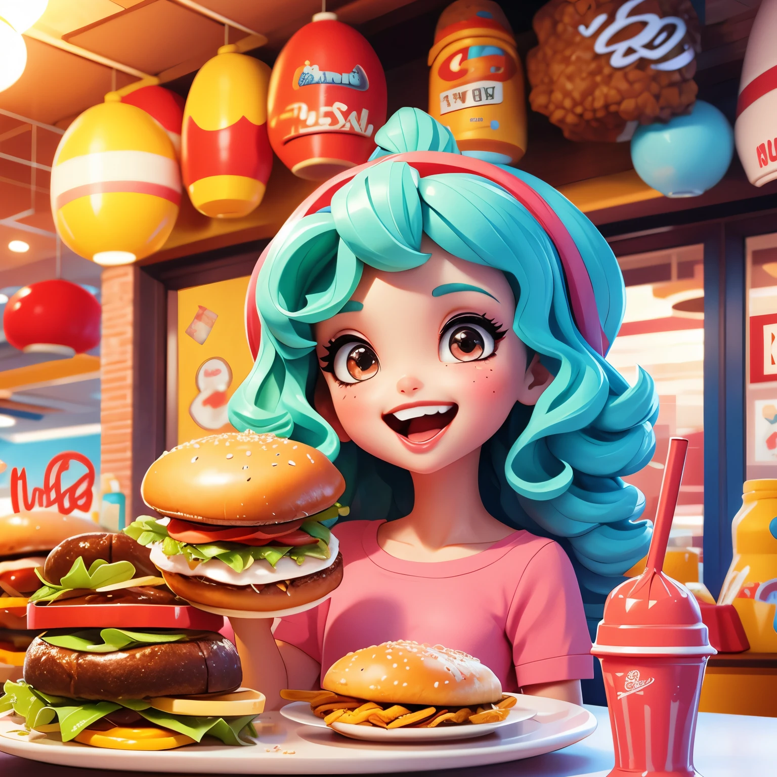 Curly hair and her eating a hamburger and milkshake 