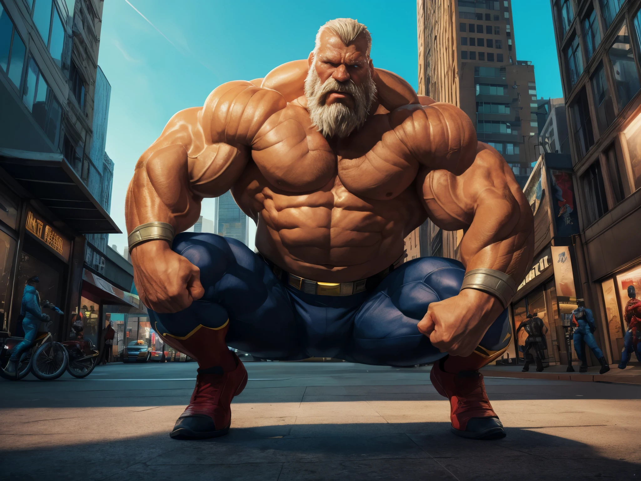 (best quality, 4k, 8k, highres, masterpiece:1.2), ultra-detailed, (realistic, photorealistic, photo-realistic:1.37), aged, powerful, muscular superhero, rugged appearance, crouch on a city, distinguished white beard, comic book style, vibrant colors, dynamic lighting, urban landscape, skyscrapers, superhero suit, intense gaze, confident posture