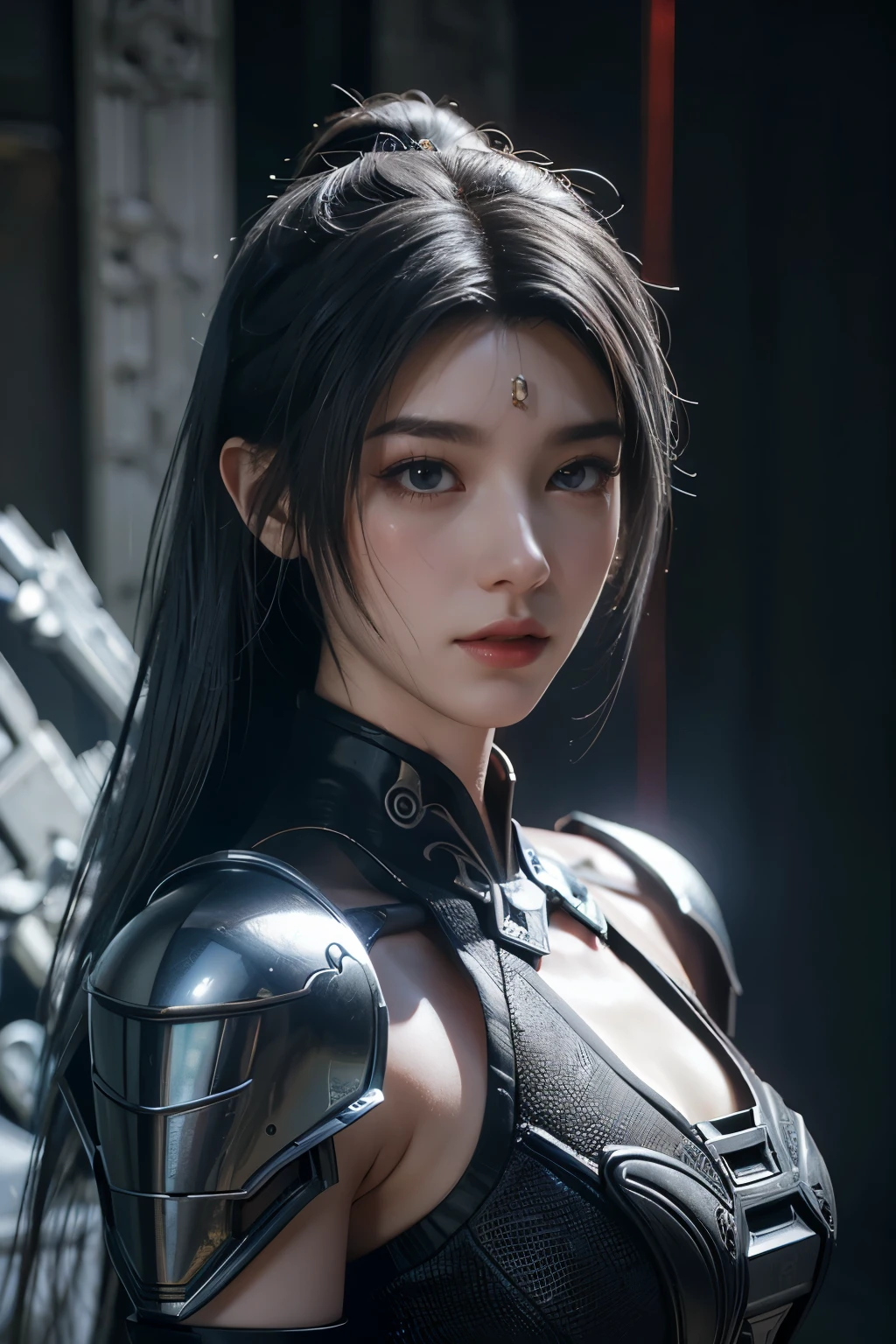 Masterpiece,Game art,The best picture quality,Highest resolution,8K,(Portrait),Unreal Engine 5 rendering works,(Digital Photography),((Portrait Feature:1.5)),
20 year old girl,Short hair details,With long bangs,(The red eye makeup is very meticulous),(With long gray hair:1.4),(Large, full breasts),Elegant and noble,Brave and charming,
(Future armor combined with the characteristics of ancient Chinese armor,Hollow design,Power Armor,The mysterious Eastern runes,A delicate dress pattern,A flash of magic),Warrior of the future,Cyberpunk figures,Background of war,
Movie lights，Ray tracing，Game CG，((3D Unreal Engine))，OC rendering reflection pattern