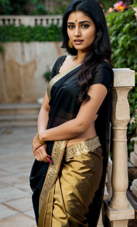 (best quality,ultra-detailed,realistic:1.37),portrait,beautiful Indian girl with a seductive gaze,gorgeous facial features,dark almond-shaped eyes,pouty lips,long flowing black hair,bronze skin tone,slender figure,dressed in a traditional saree,adorned with intricate gold jewelry,pose with confidence and allure,standing in a vibrant garden surrounded by exotic flowers,soft natural lighting,emphasize the beauty of the girl and the rich colors of the surroundings, age 24