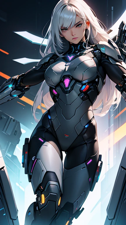Beautiful cybernetic girl looking at camera in mobile cybernetic battle suit detailed muscles realistic masterpieces dynamic poses character sheet design