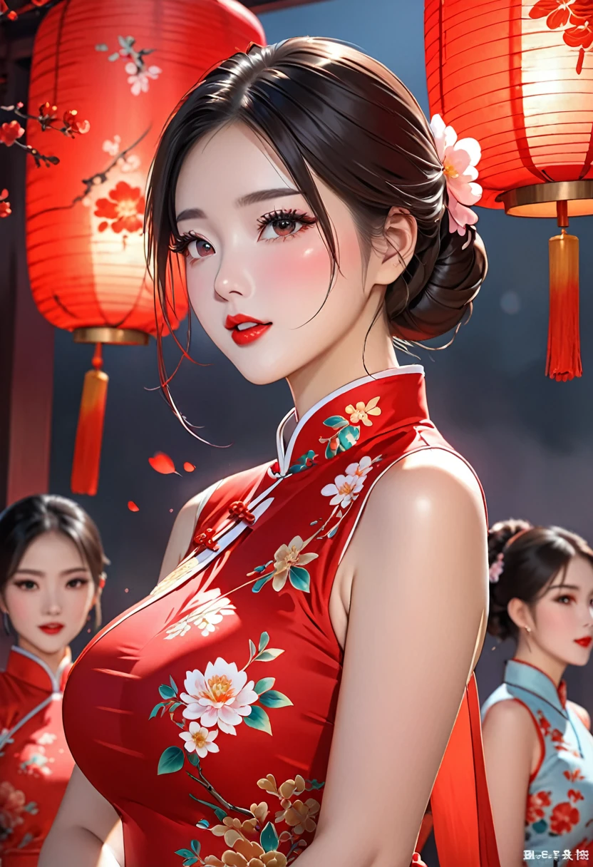1 girl,Upper Body,Rob a girl,cheongsam,Chinese clothes,Flowering,(masterpiece:1.4),(best quality:1.4),(Glowing skin),Red lips,Looking at the audience,Large Breasts,Open your lips