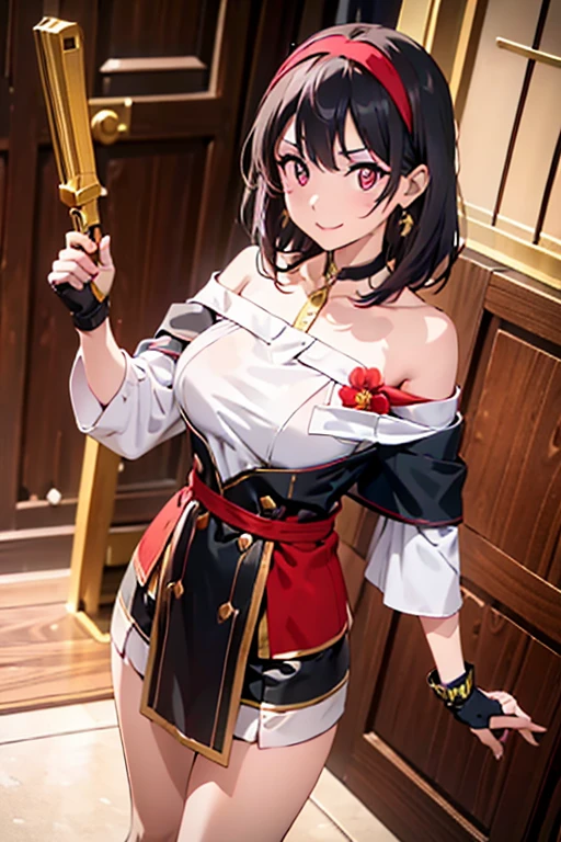 Anime style beutiful woman, 1girl,fullbody, happy, (with sparkling eyes and a contagious smile:1.2), red face, closed mouth, beautiful detailed eyes, super detailed skin, backlighting, bare shoulders, black background, black dress, black gloves, black hair, breasts, dress, earrings, fingerless gloves, floating hair, floral print, flower, gloves, gold earrings, gold hairband, hair flower, hair ornament, hairband, holding, holding weapon, jewelry, large breasts, long hair, looking at viewer, off-shoulder dress, off shoulder,red eyes, short hair with long locks, sidelocks, solo, spikes, thighs, two-sided dress, two-sided fabric, weapon, fighting stance , face, close up, from above, highest quality, high resolution,Real World, Natural light,perfect Natural light,looking at viewer,