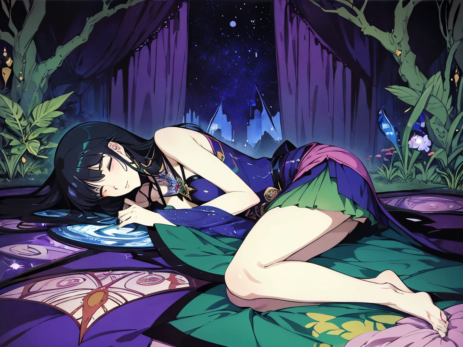 Harry Clarke, Yukiko Igarashi, Margaret Tempest, Surrealism Mysterious Weird Fantastic Fantasy Sci-Fi, Japanese Anime, Giant Miniskirt Beautiful Girl Sleeping in a Greenhouse, perfect voluminous body, detailed masterpiece Hyper realistic sharp focus zoom in real