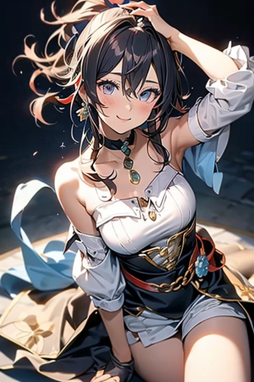 Anime style beutiful woman, 1girl,fullbody, happy, (with sparkling eyes and a contagious smile:1.2), red face, closed mouth, beautiful detailed eyes, super detailed skin, backlighting, bare shoulders, black background, black dress, black gloves, black hair, breasts, dress, earrings, fingerless gloves, floating hair, floral print, flower, gloves, gold earrings, gold hairband, hair flower, hair ornament, hairband, holding, holding weapon, jewelry, large breasts, long hair, looking at viewer, off-shoulder dress, off shoulder,red eyes, short hair with long locks, sidelocks, solo, spikes, thighs, two-sided dress, two-sided fabric, weapon, fighting stance , face, close up, from above, highest quality, high resolution,Real World, Natural light,perfect Natural light,looking at viewer,