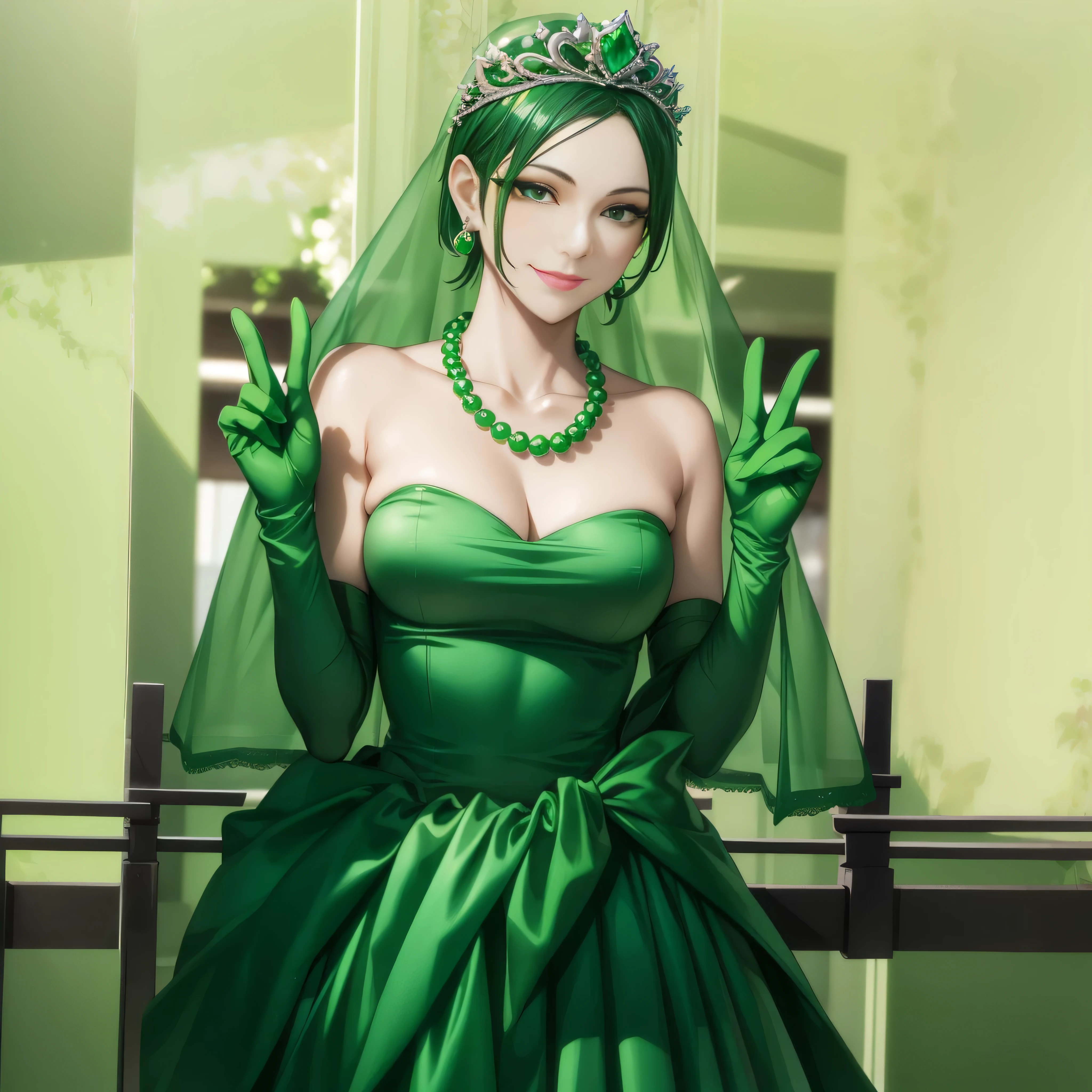 Emerald tiara, Green Pearl Necklace, Boyish very short green hair, lipstick, Smiling Japanese woman, Very short hair, Big tits beautiful, Green Eyes, Long green satin gloves, Green Eyes, v sign, Emerald Earrings, Green Veil